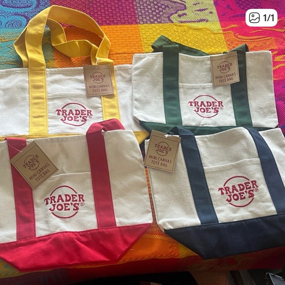 4 Trader Joe's Mini Canvas Tote Bag - Set of Assorted Color Trim
